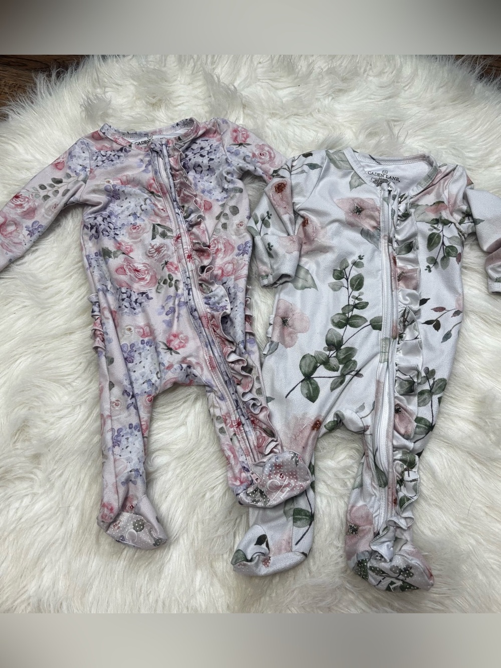 Caden Lane Floral Ruffle-Butt Footed One-Piece Sleeper 2 item Bundle 0-3 Months
